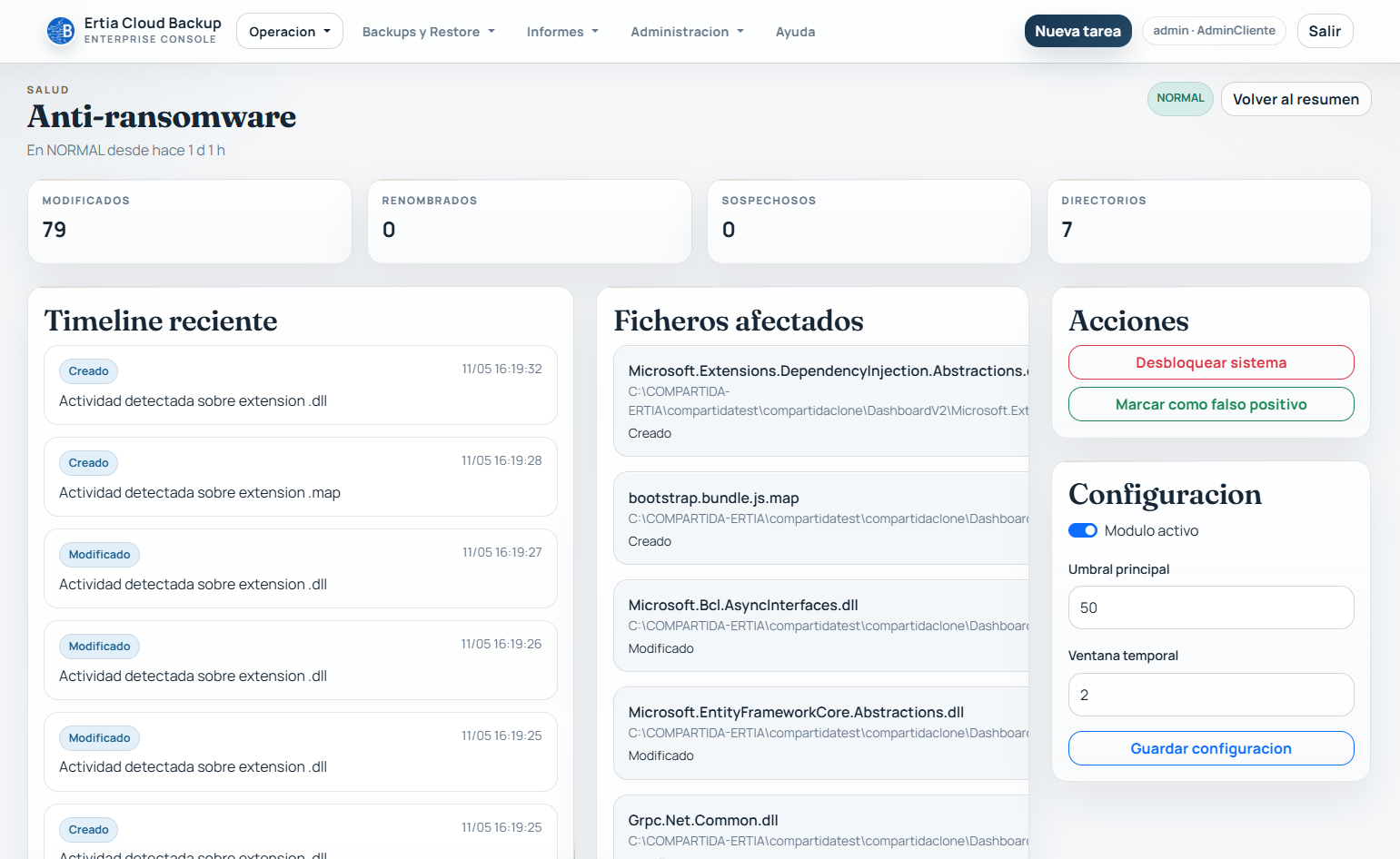 Pantalla anti-ransomware con timeline, ficheros afectados y panel de acción.