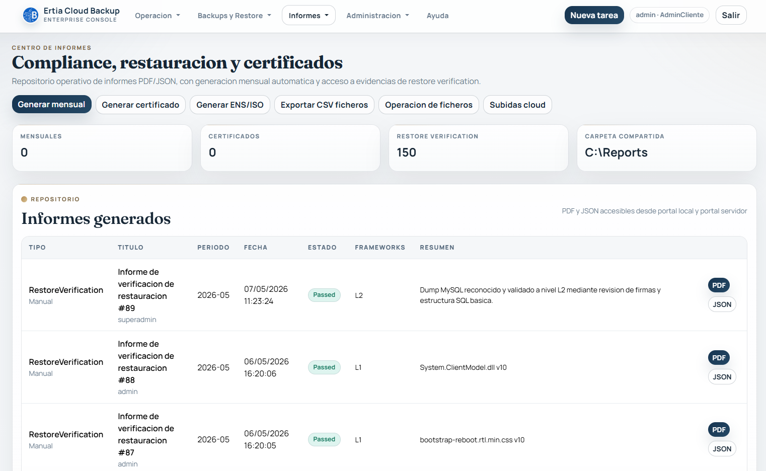 Centro de informes con documentos generados, estados y descargas PDF y JSON.