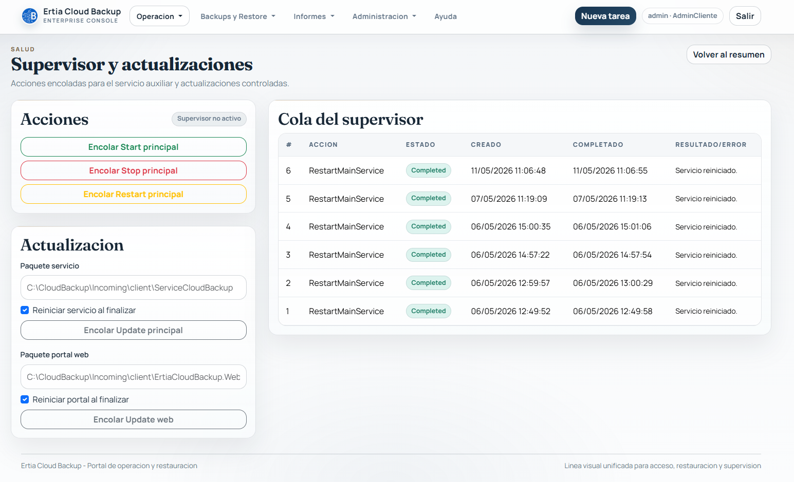 Pantalla de supervisor y actualizaciones con cola de acciones y controles de despliegue.
